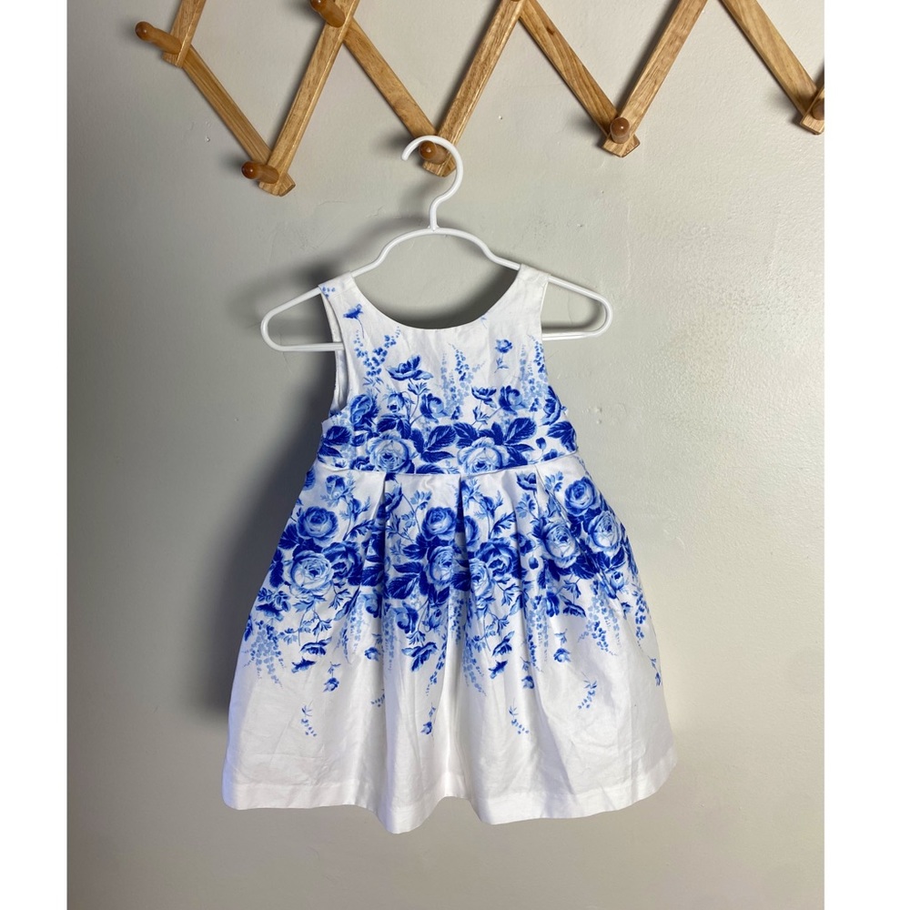 Janie and Jack Bow Dress White Blue Floral size 12-18 months